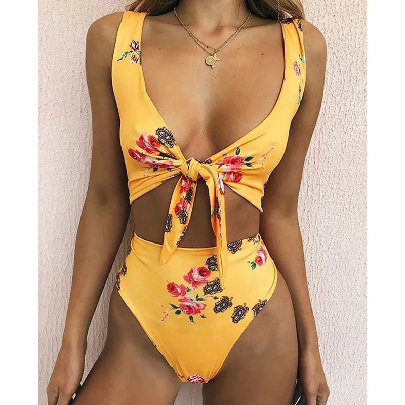 Сексуальный цветочный принт высокая талия купальник 2019 бикини женская одежда