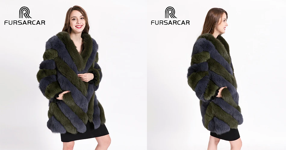 FURSARCAR Роскошные зимние Для женщин натуральный мех Натуральная длинный рукав женские комплекты с курткой для детей 80 см длинная полосатая ночная рубашка из натурального меха лисы пальто с лисьим мехом