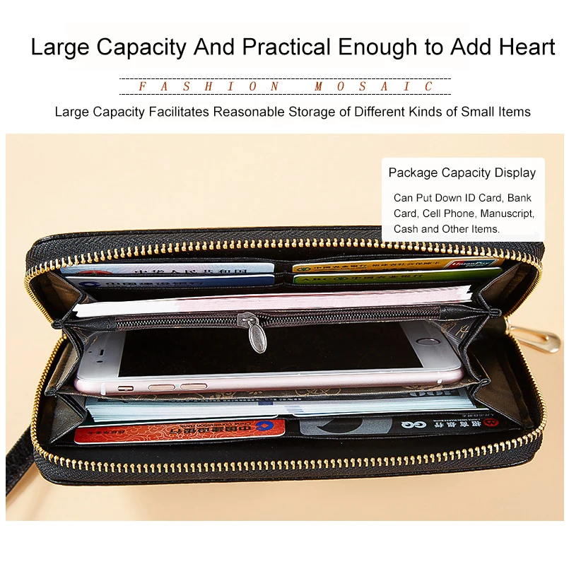 Длинный кошелек женский клатч Мобильный телефон фото держатель черный PU модный