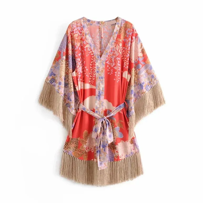 Летнее женское платье с кисточками кимоно цветочным принтом в стиле бохо