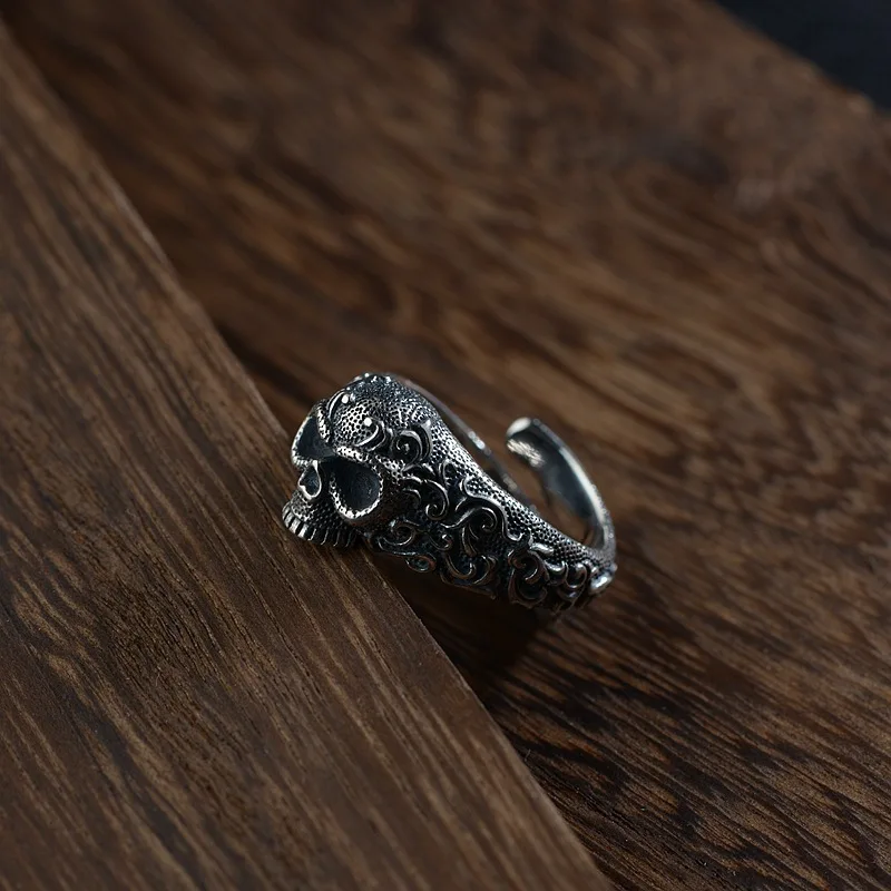 S925 Серебряное открытое регулируемое кольцо с черепом для женщин и мужчин