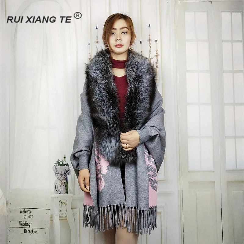

FREE SHIPPING RuiXiangTe ladies real fur shawl with full pelt fox collar female luxury shawl real cashmere winter warm shawl