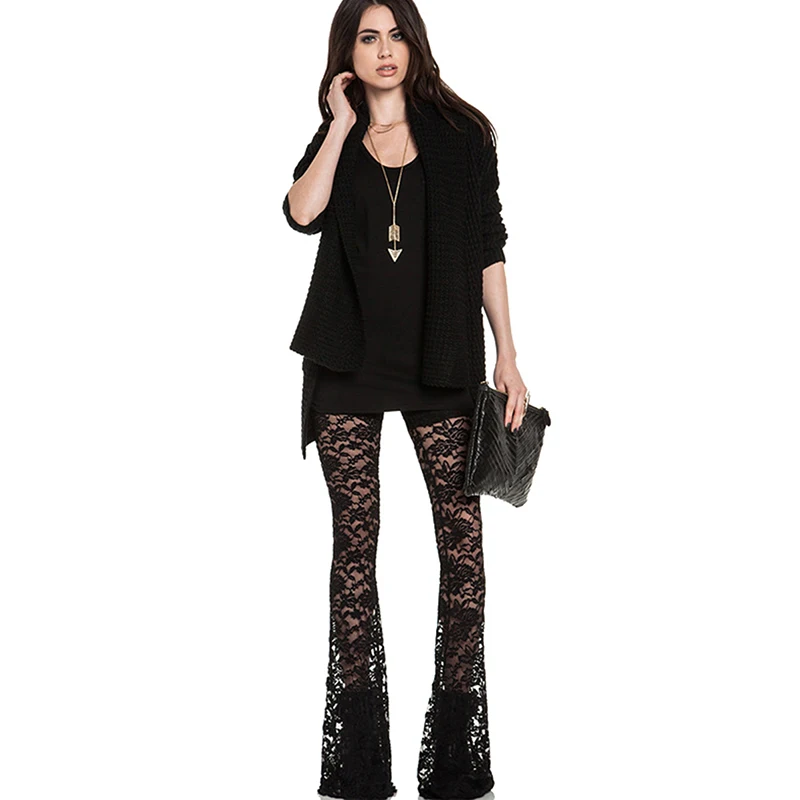 

Gothic Lace Flare Pants Women Summer Fashion Hollow Out Black Patchwork Slim See Through Trousers Fashion Causal Bellbottoms