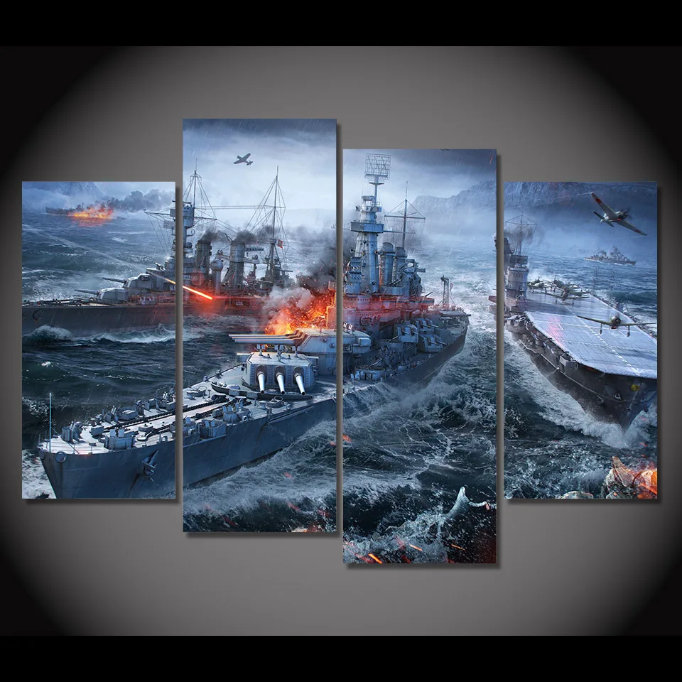 Акция высокое качество Настенная картина на холсте Wargaming warship HD печать 4 шт. Постер