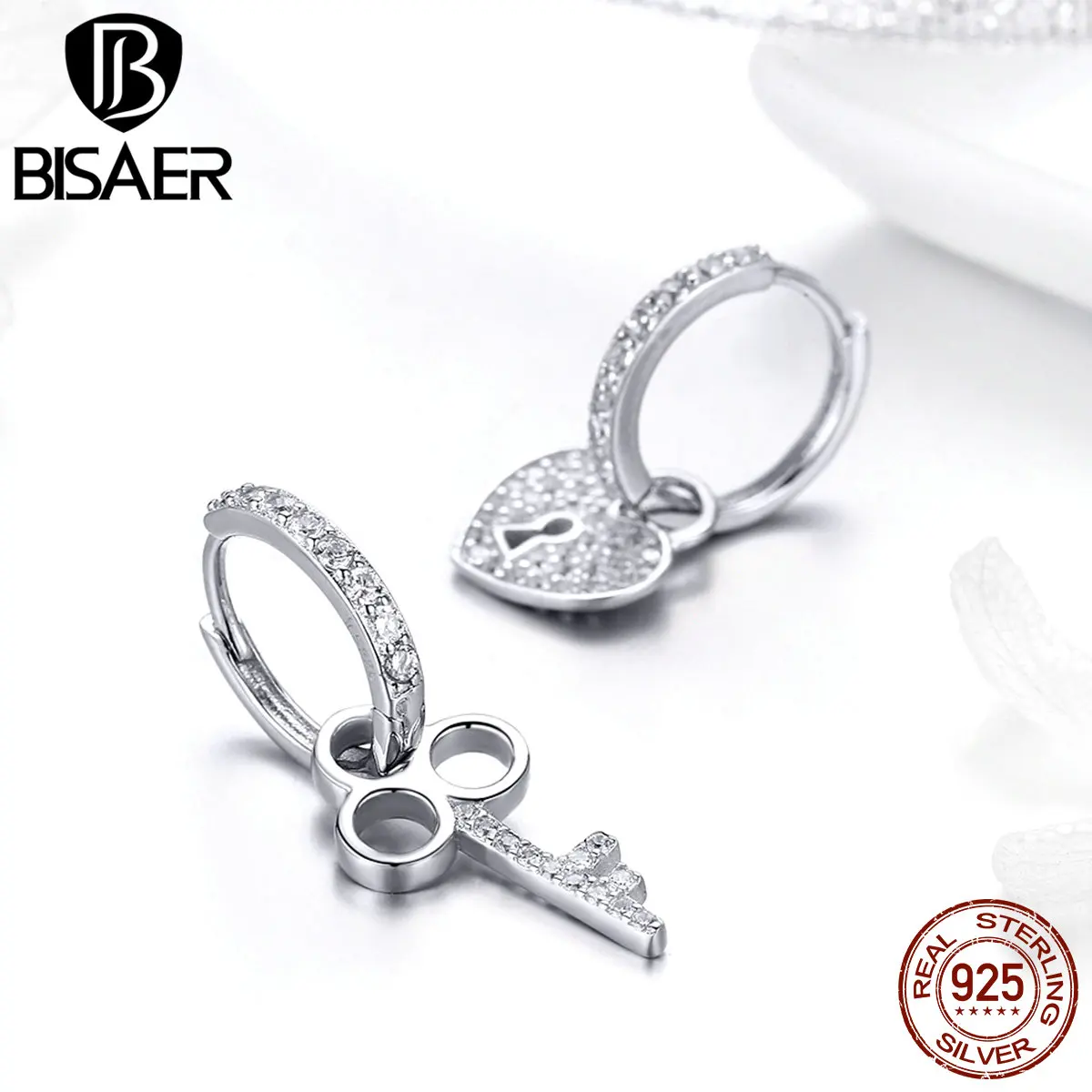 BISAER 925 пробы серебро замочек в виде сердца и ключ любовь серьги для Для женщин с
