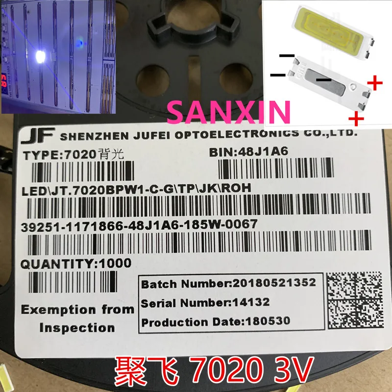 100 шт./лот Jufei SMD LED 7020 3 в 0 7 Вт 240 мА холодный белый 10000 13000K для подсветки