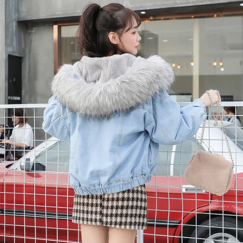Gray Fur collar Женская куртка, модное зимнее пальто, теплая хлопковая джинсовая куртка, Женская куртка с капюшоном, пальто, женская куртка-бомбер, куртки, парки, большие размеры - Цвет: Gray Fur collar