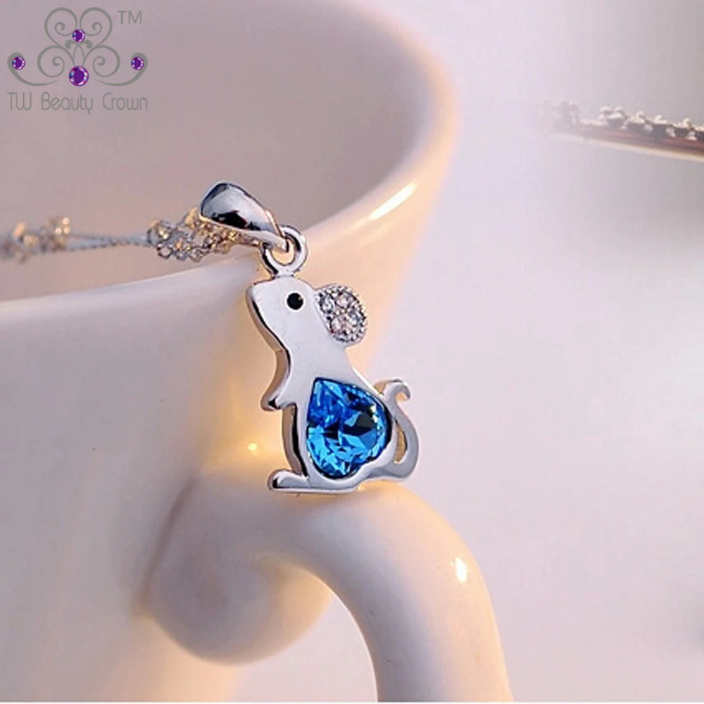 

100% Real 925 Pure Silver Cute Little Mouse Ocean Blue Heart Cubic Zirconia Pendants Necklaces For Women Girls Fashion Jewelry