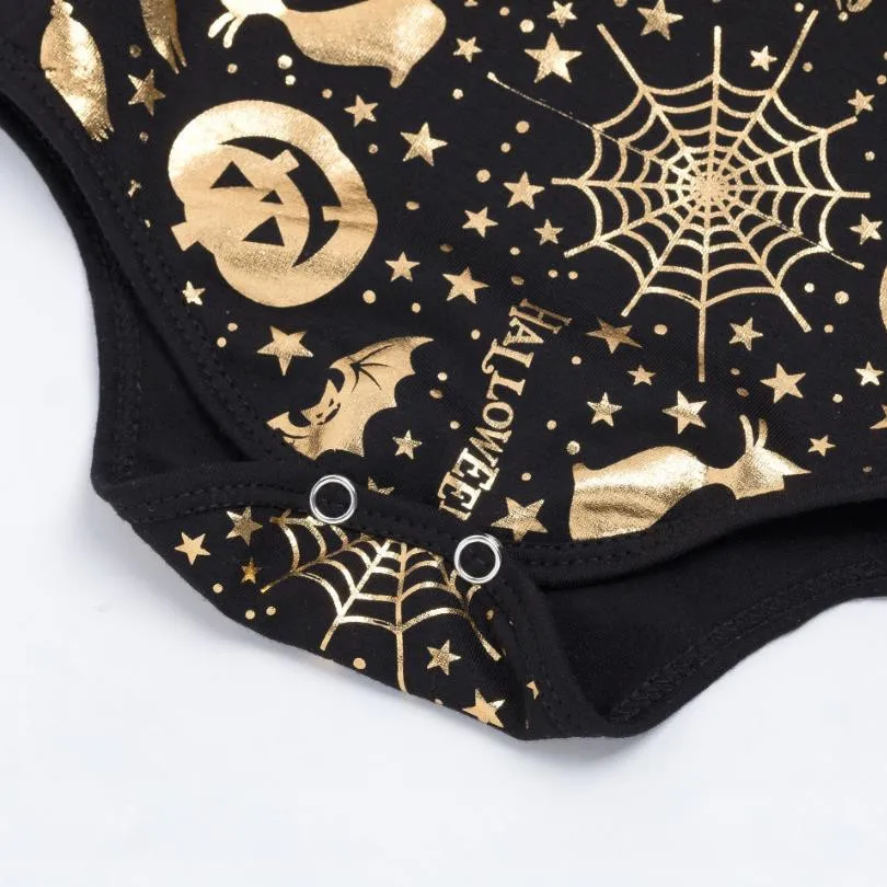 Хэллоуин комбинезон для новорожденных с тыквой принты рюшами на рукавах черные