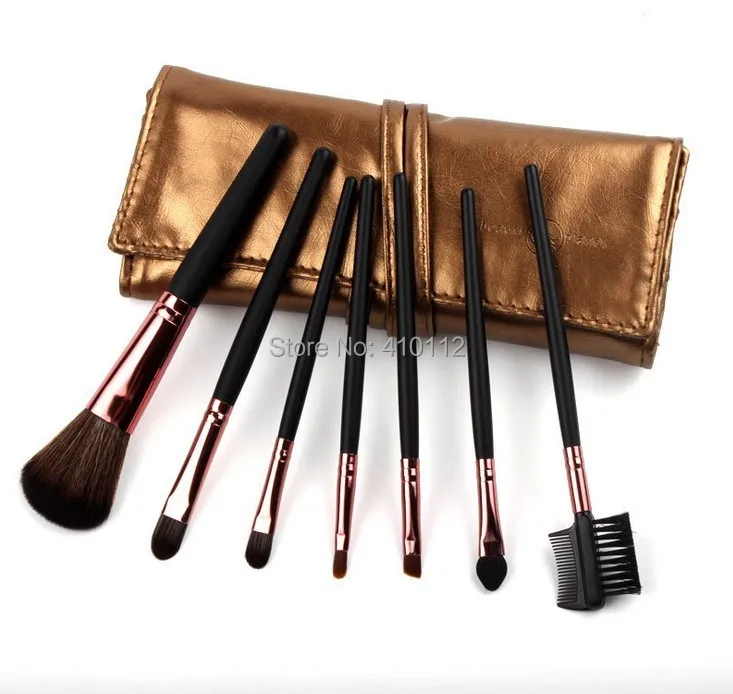 Высококачественный набор кистей для макияжа 7 в гладкий Золотой кожаной сумке