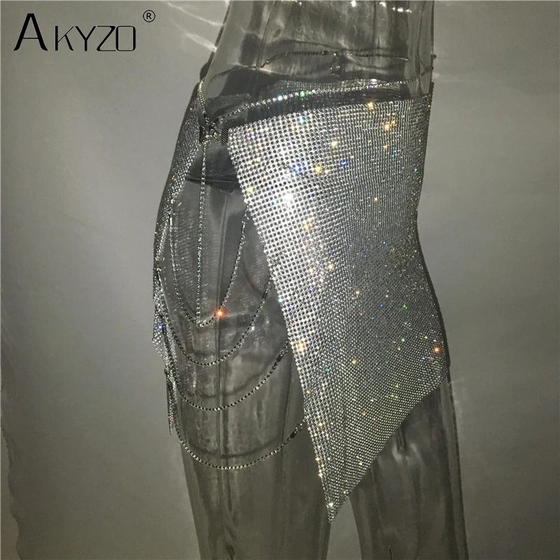 AKYZO, роскошная, стразы, цепочка, сплав, юбка для женщин, линия, сексуальная, для ночного клуба, ручная работа, блестящая, открытая, вилка, посылка, бедра, мини юбки