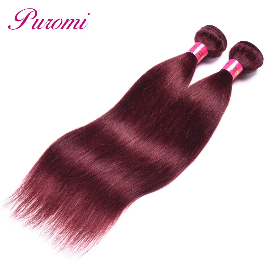 Puromi Malaysian Straight Hair 3 Bundles Double Weft Wine Red Pure Color 99j# Non-Remy 100% Human Weave Free Shipping | Шиньоны и