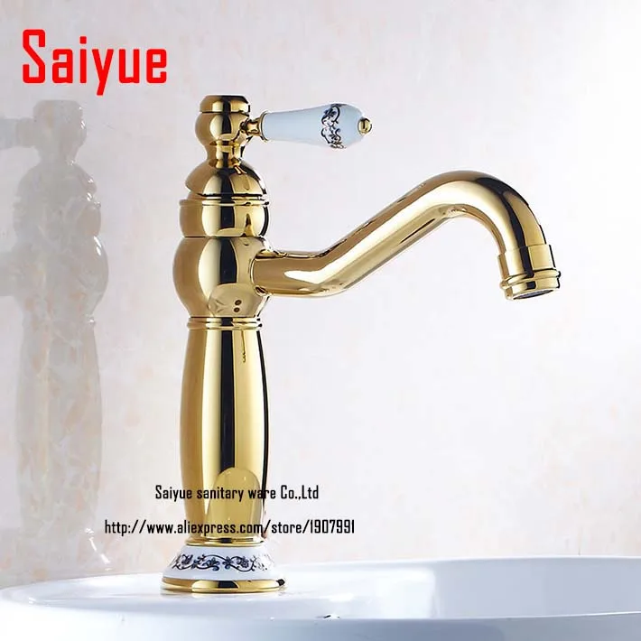 Basin Sink Faucet Golden Single Lever Hot and Cold Mixer Tap with swivel spout ceramic handle for bathroom | Обустройство дома
