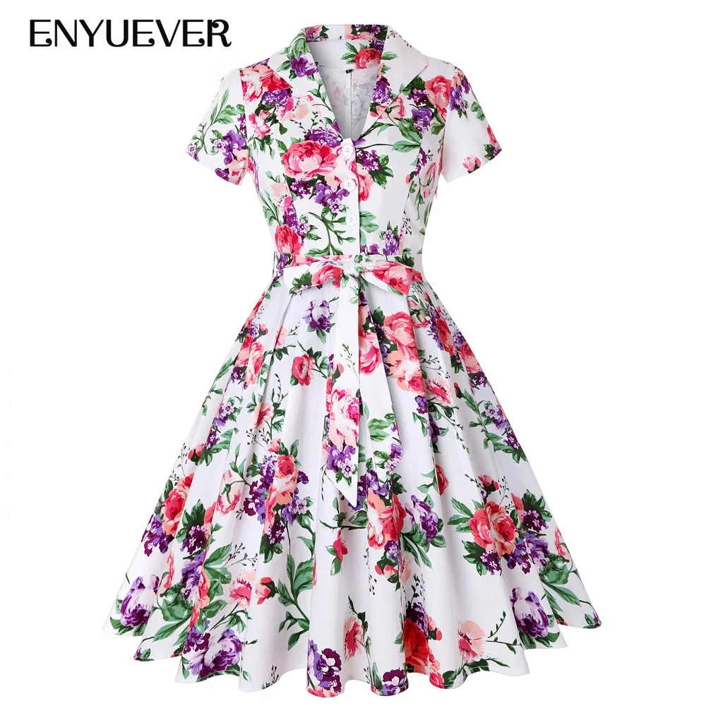 Женское платье с цветочным принтом Enyuever Vestido Элегантное повседневное Хлопковое