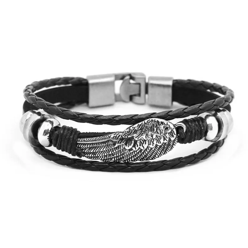 Женский многослойный браслет Angel Wings повседневный плетеный кожаный с деревянными