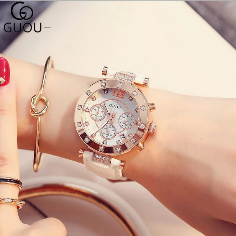 GUOU блестящие бриллиантовые Наручные часы женские Лидирующий бренд модные kol saati