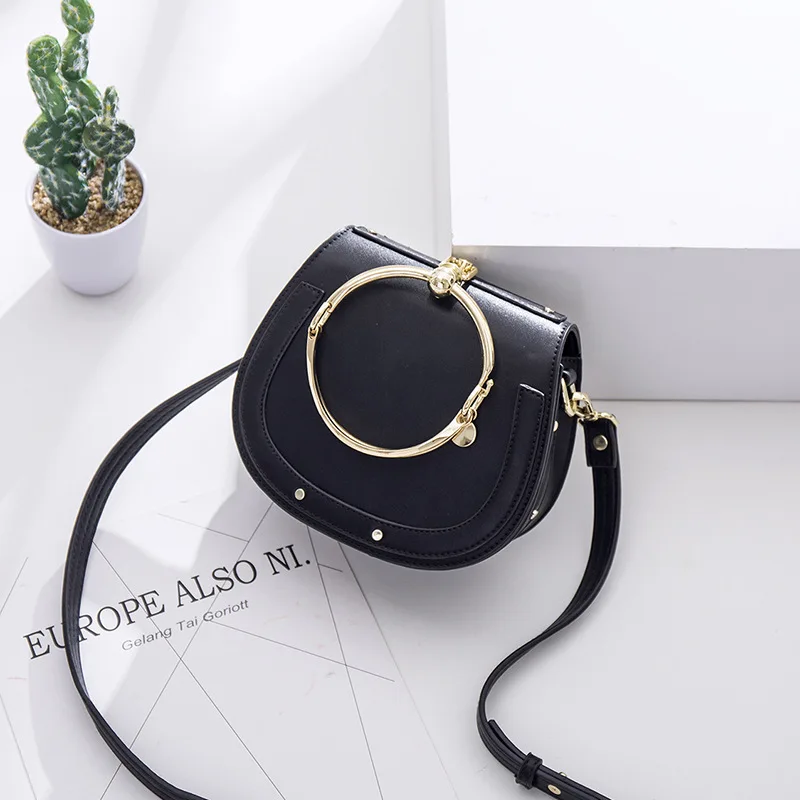 Bolsos Mujer Специальное предложение Женские сумки круглые металлические кольца сумка-мессенджер через плечо телефон кошелек крест тела Дамы Роскошные - Цвет: Черный