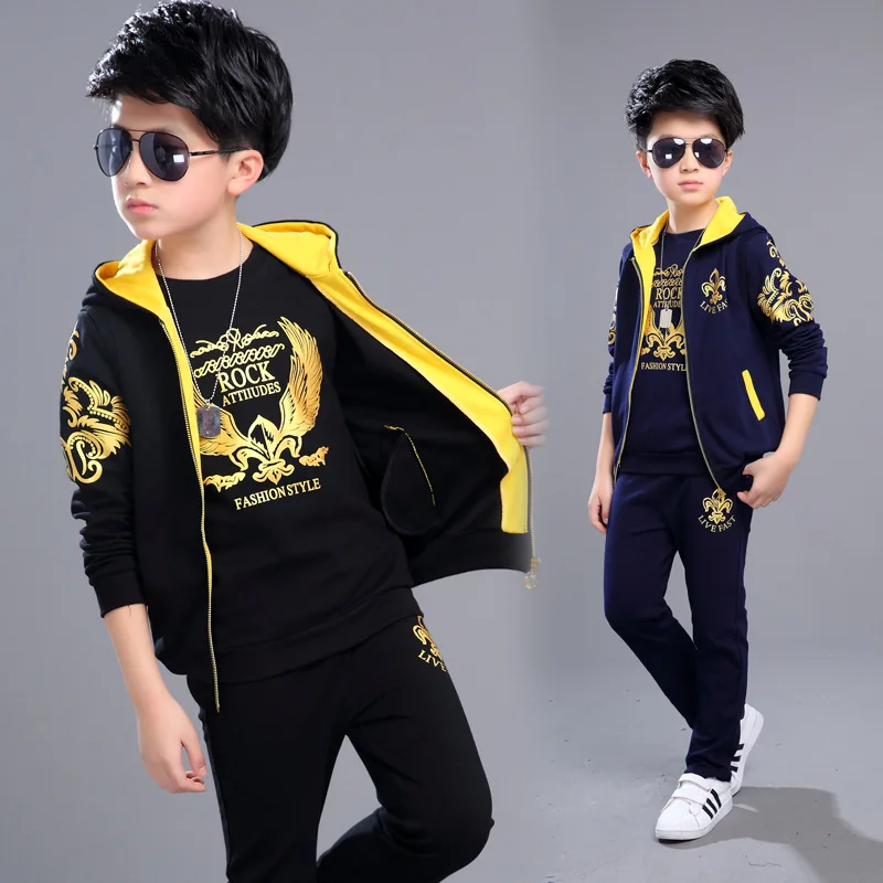 Boys 6-14 Years Sports 3 PCS Set (R Vest + Pullover Hoodies Long Pant) Fashion Soft Cotton Spring Autumn Suits Big Sets | Детская одежда