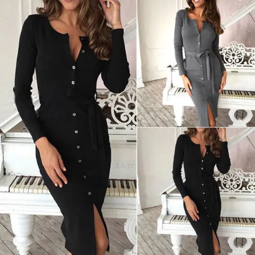 С длинным рукавом трикотажные Сексуальная Bodycon Платье осень-зима оболочка Платья