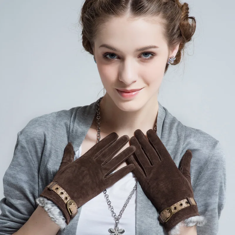 dark brown Модные трендовые Элегантные замшевые женские перчатки из свиной кожи; сезон осень-зима; теплые женские дизайнерские кожаные перчатки для вождения; Новинка; A2015 - Цвет: dark brown