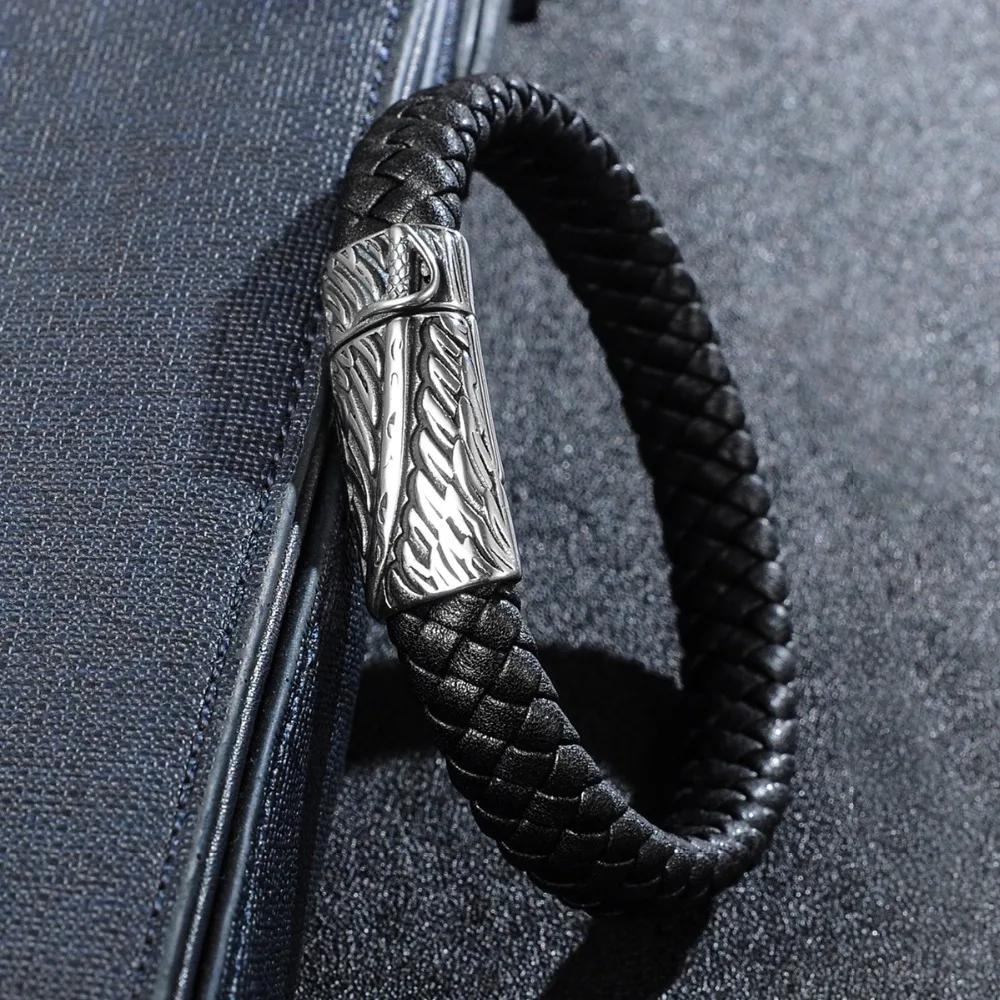 Men Jewelry Punk Black Braided Geunine Leather Bracelet Sword Dagger Pattern Stainless Steel Magnetic Buckle Bangles | Украшения и