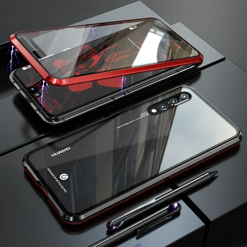 Стеклянный Магнитный чехол на переднюю и заднюю панель для Huawei P20 Pro прозрачный