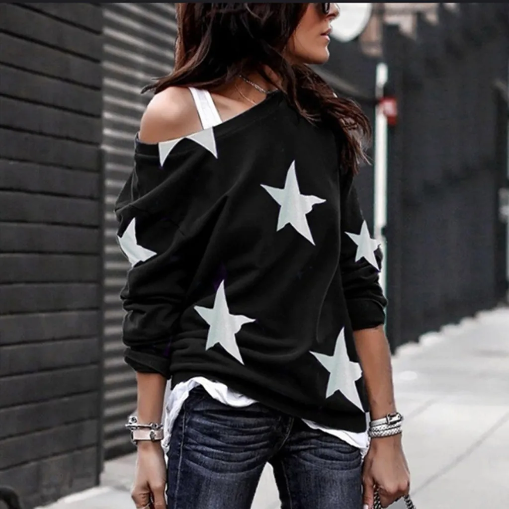 2019 Большие размеры женская рубашка с принтом звезд длинный рукав футболка