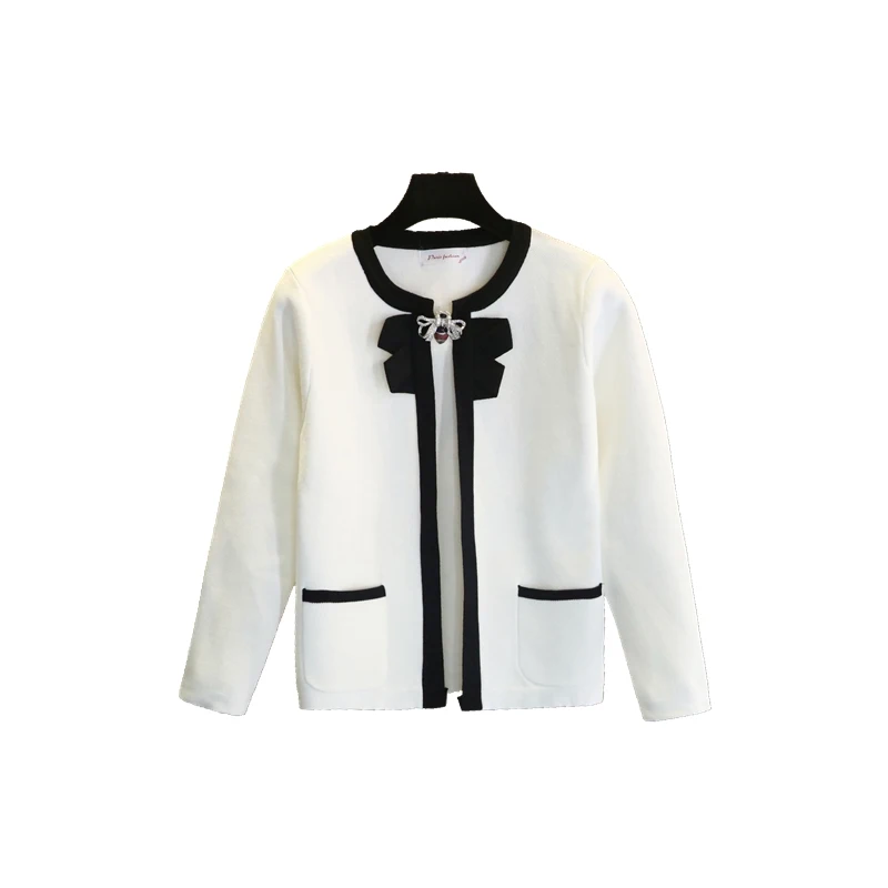 sweet wind cardigan coat female 2018 new round collar bowknot temperament long sleeve short wool sweater not with bee brooch |