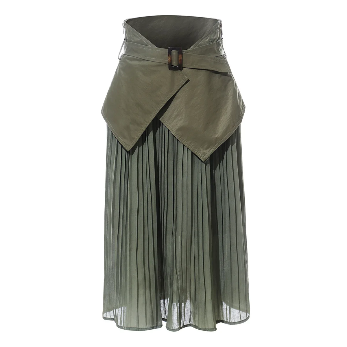 

Johnature Streetwear 2021 Summer Fashion New Women Pleated Skirt Splice Chiffon Simple Solid Color Sashes Mid-calf Length Skirts