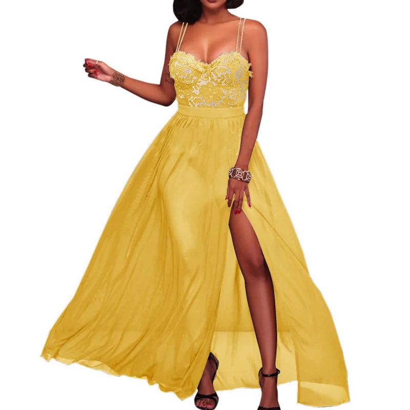 Женские кружевные сексуальные платья винтажные вечерние макси желтого цвета для