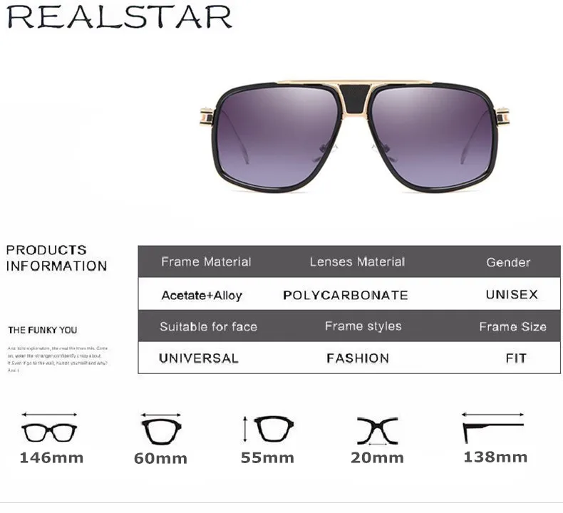 REALSTAR брендовые квадратные пять солнцезащитных очков мужские и женские негабаритные дизайнерские винтажные металлические очки Зеркальные Солнцезащитные очки Oculos S342