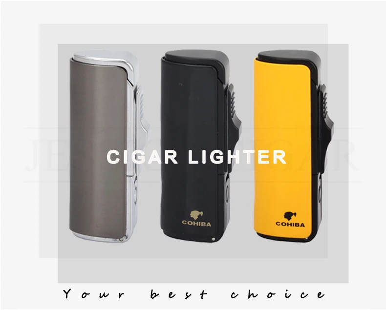 COHIBA Бутановая Зажигалка, 3 струйный фонарь, ветрозащитные зажигалки для сигарет, металлическая многоразовая Зажигалка для сигар с подарочной коробкой