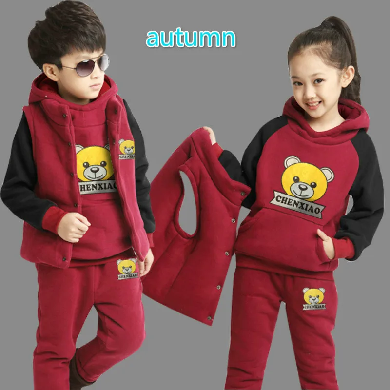 

Longs Sleeve Coat+vest+pant 3 Pc Kids Sport Sets Autumn Winter Boys and Girls Children Clothing Bear Thicken Warm 3-10 Ages