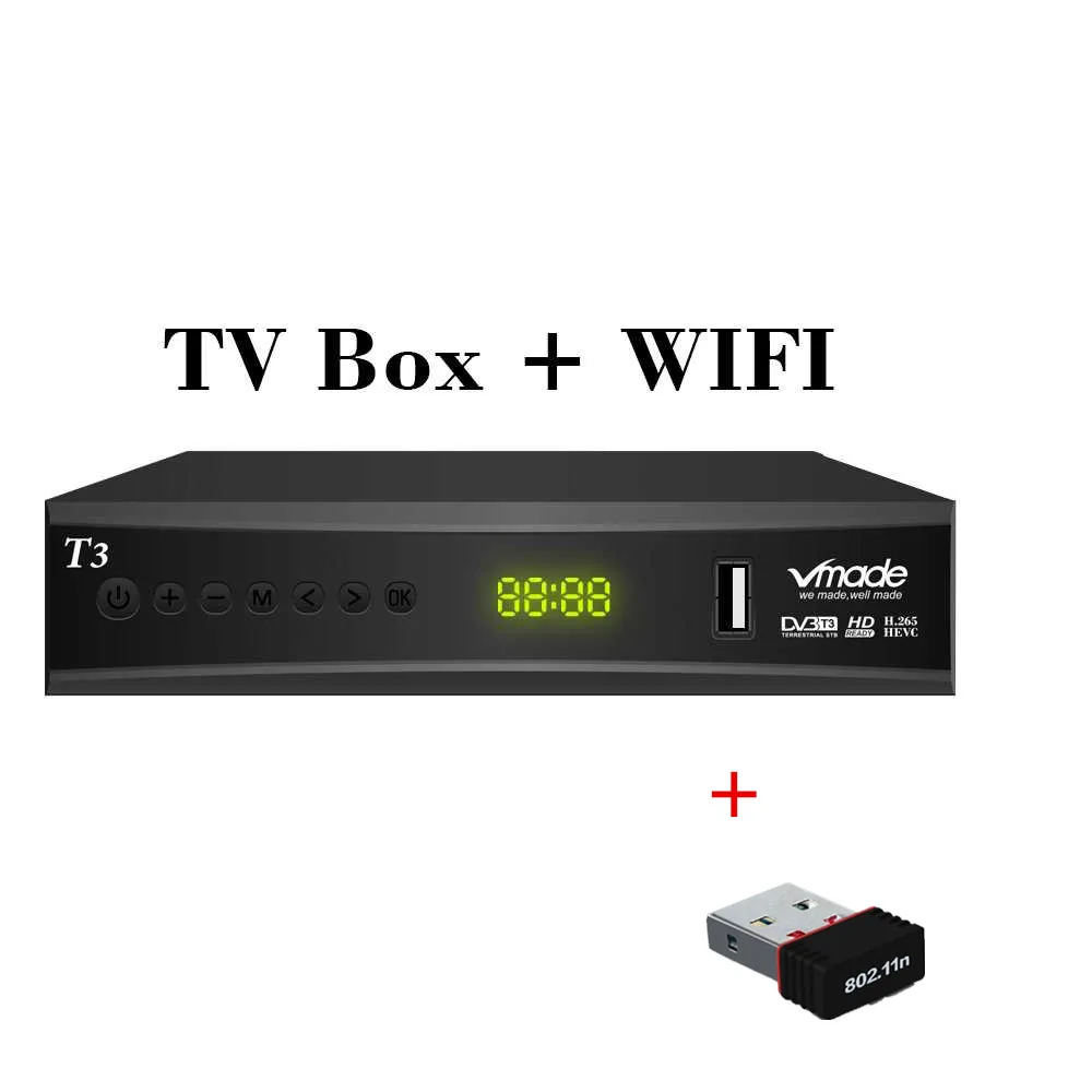 TV BOX with USB WIFI Vmade DVB T2 HD приемник 1080P ТВ-тюнер DVB T2 H.265 наземный декодер Dvb-t2 телеприставка с USB WiFi поддержка AC3 - Цвет: TV BOX with USB WIFI