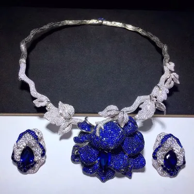 Qi Xuan_Trendy Jewelry_Luxury триколор роза цветок ожерелье Set_S925 твердый Серебряный Зеленый