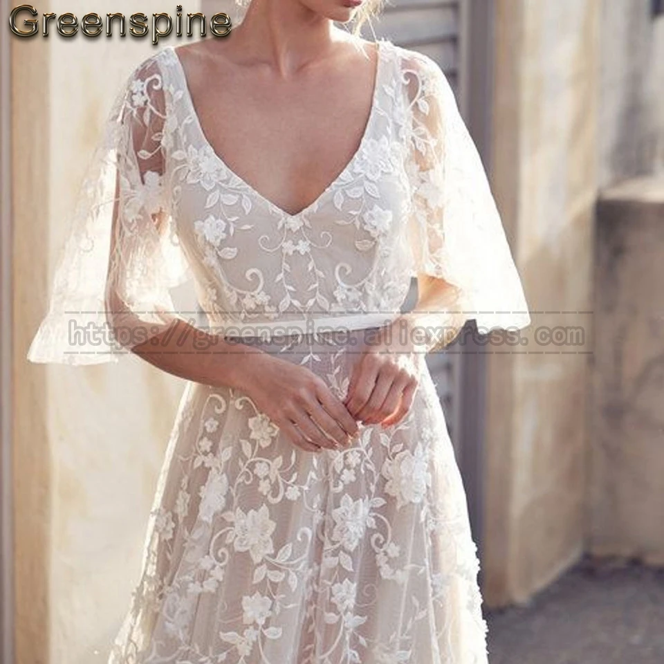 Принцесса свадебное платье пляж Robe De Mariage винтажное кружевное элегантное женское длинное свадебное платье в стиле бохо с коротким рукавом Свадебные платья