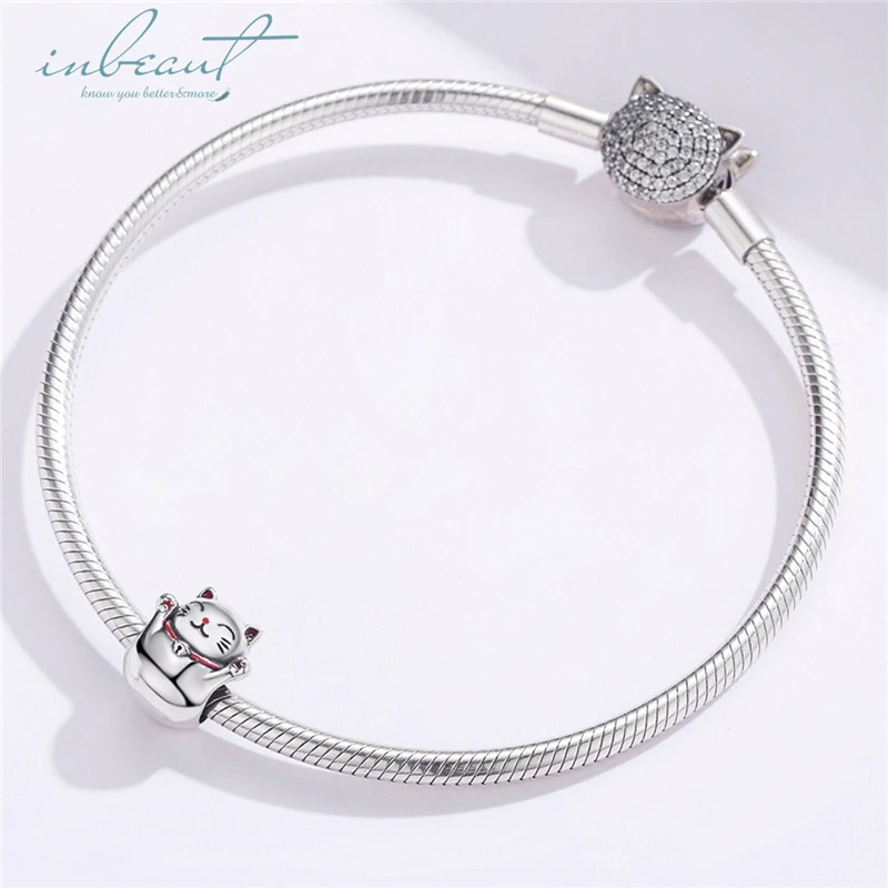 Inbeaut Горячая стерлингового серебра 925 Красный и Черный Эмаль fit Pandora браслет деньги бусины кошка удача браслет с кошкой амулеты