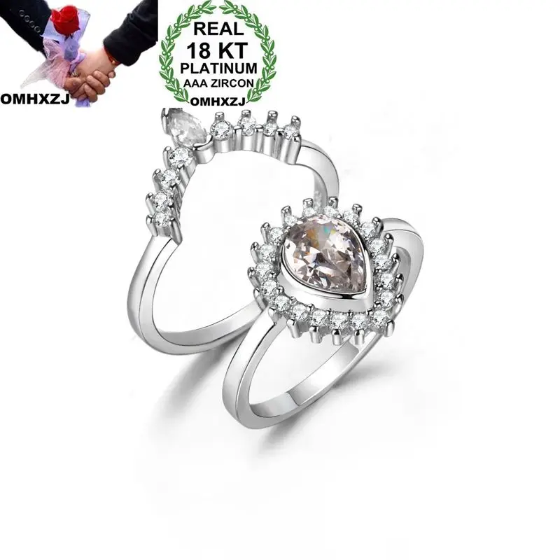 

OMHXZJ Wholesale European Fashion Woman Girl Party Wedding Gift Water Drop White AAA Zircon 18KT White Gold Ring RR628