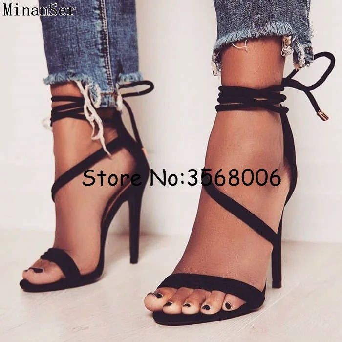 Black Pink Suede Wedding Party Dress Stiletto High Heels Tie Up Ankle Wrap Women Strappy Sandals Shoes Thin Pumps | Обувь