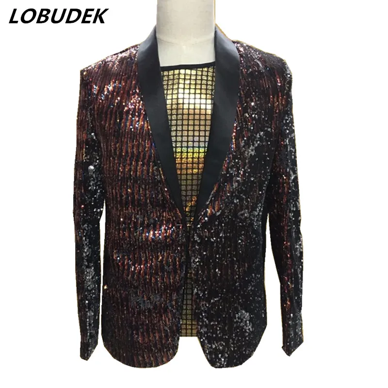 

Reflector Sequins Men Jacket Coat Nightclub Bar Punk Singer Stage Costume Musical Concert Compere Host Star Performance Outfits
