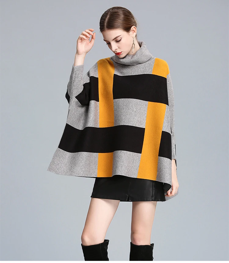 

Occident Style New Winter Women High Necked Warm Soft Long Sleeve Wrap Shawl Cloak Cape Tops Knitting Poncho Sweater Coat