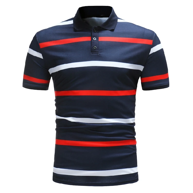 Mens Polo Shirt Male Short Sleeve Casual Slim Striped Polos shirts Summer Beach Cotton Holiday Printed Tees Tops White Blue | Мужская