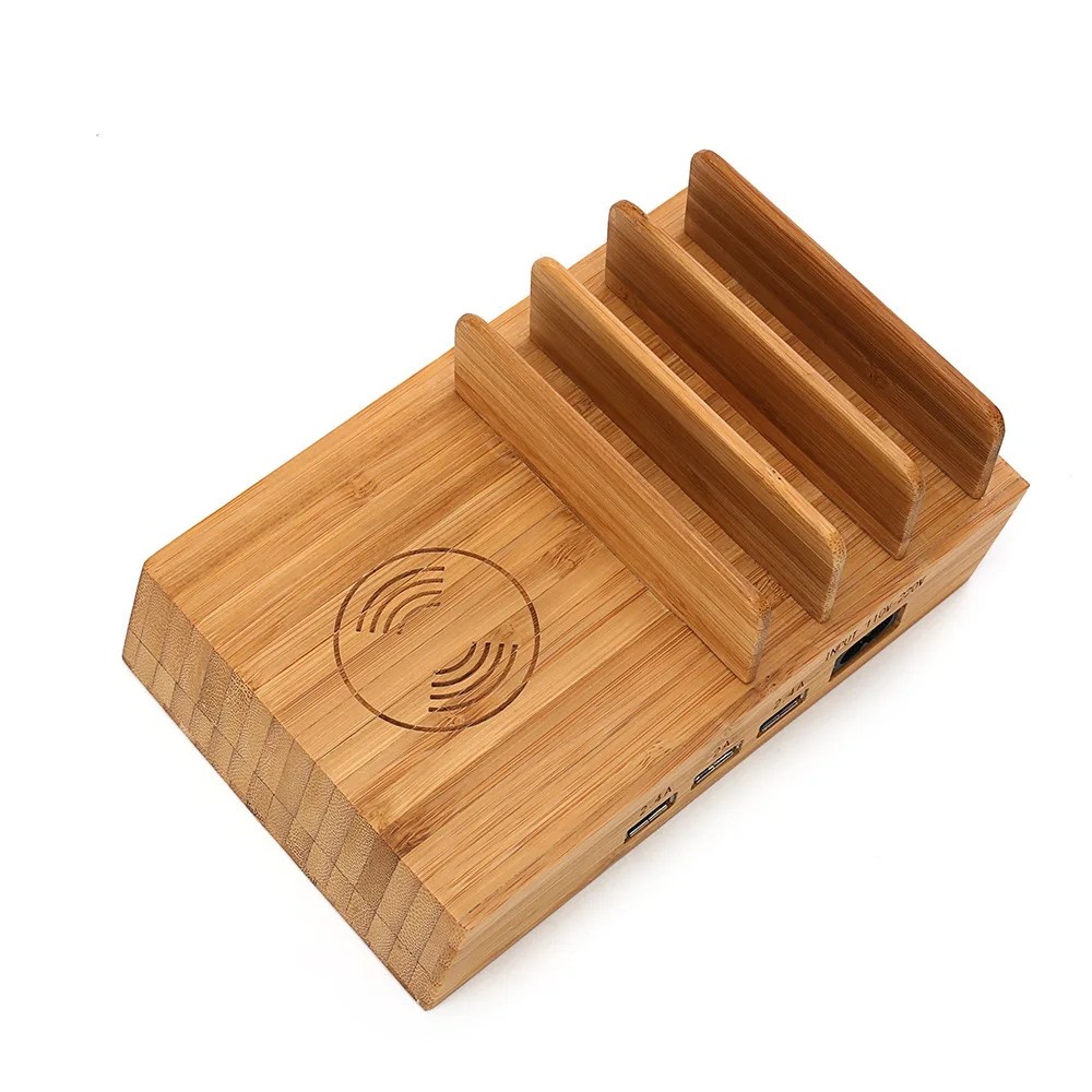 Зарядная док станция для телефона Бамбуковая многопортовая Беспроводная