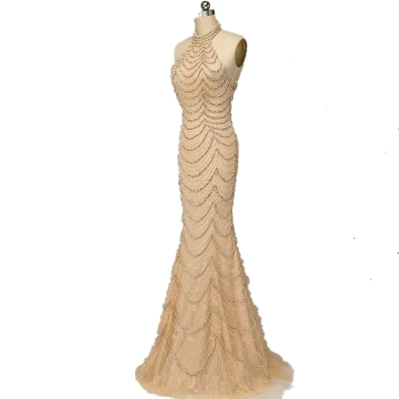 Heavy Handwork Beading Long Evening Dresses 2017 High Neck Shining Crystal mermaid  prom dress Formal Occasion Real Picture