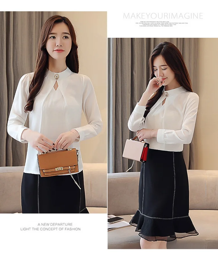 Blusas mujer de moda, Женские топы и блузки, одноцветные, с бисером, harajuku, белые рубашки шифоновая блуза со стойкой, полная 2423 50