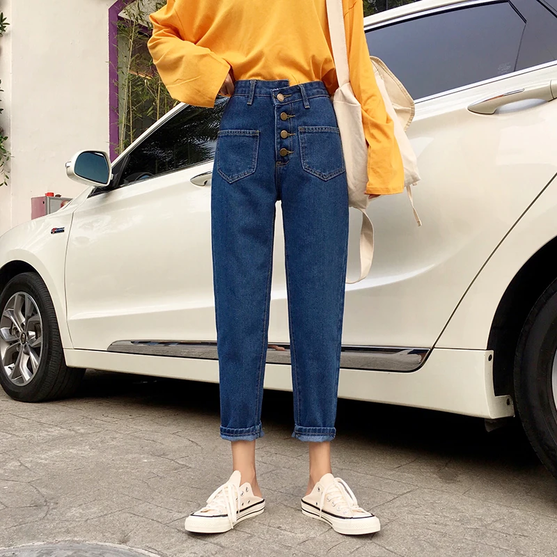 Good quality high waist girls jeans cropped denim pants with pockets | Женская одежда