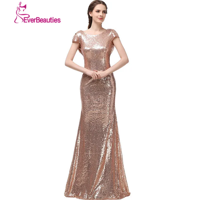 Champagne Long vestido longo Sequined Short Sleeve Floor Length Bridesmaid Dress 2020 Prom Wedding Party | Свадьбы и торжества