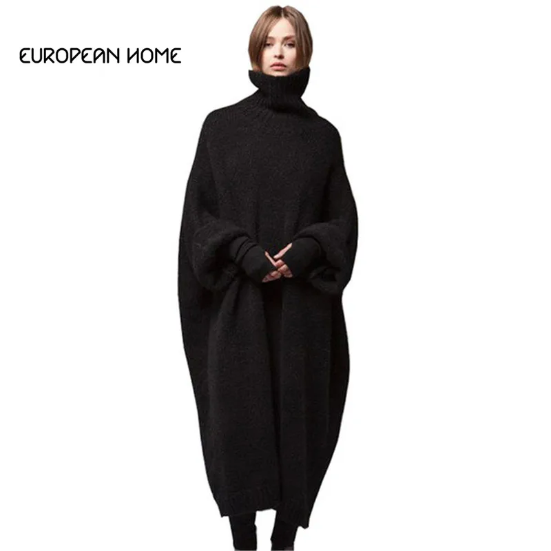 Домашний Зимний пуловер с высоким воротом большого размера длинный свитер