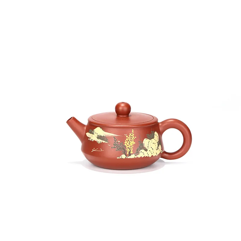 

Enameled Pottery Teapot Raw Ore Bright Red Robe Mud Landscape Stone Drum Teapot Kung Fu Tea Have Gift Infusion Of Tea Kettle