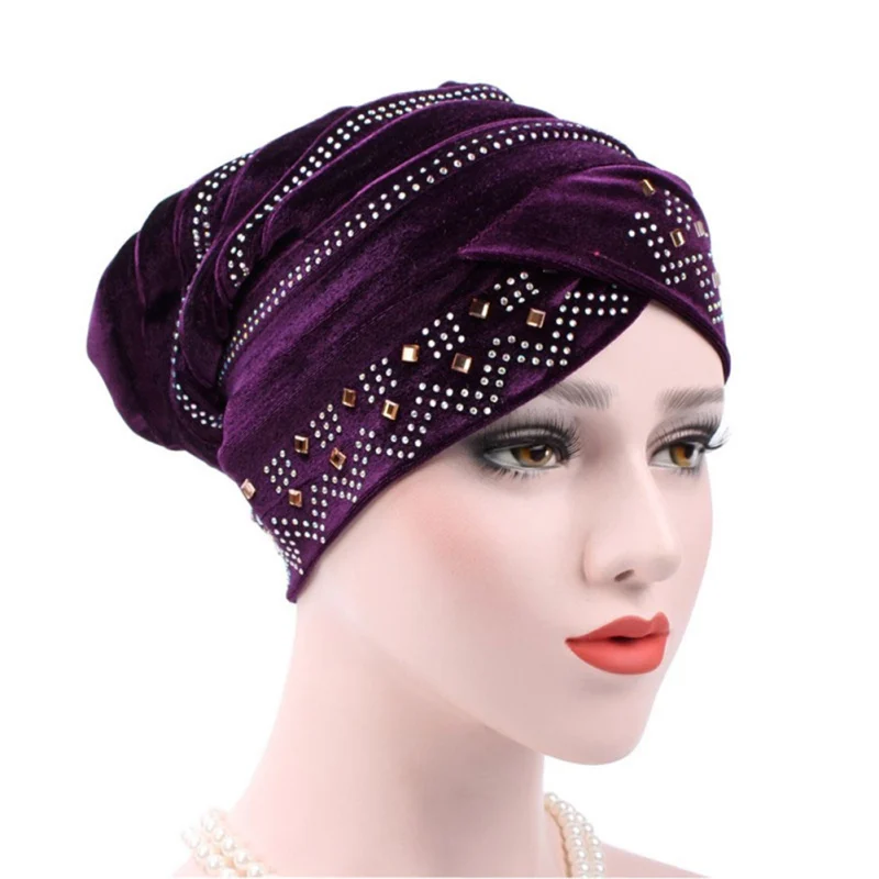 

New Woman Hijabs Velvet Big Rhinestone Turban Head Cap Hat Beanie Ladies Hair Accessories Muslim Scarf Cap Hair Loss 12 Colors